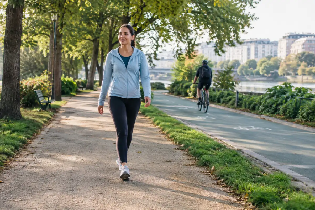 Marche rapide dans un parc : une activité d’endurance accessible pour entretenir sa santé cardiaque à un rythme adapté.