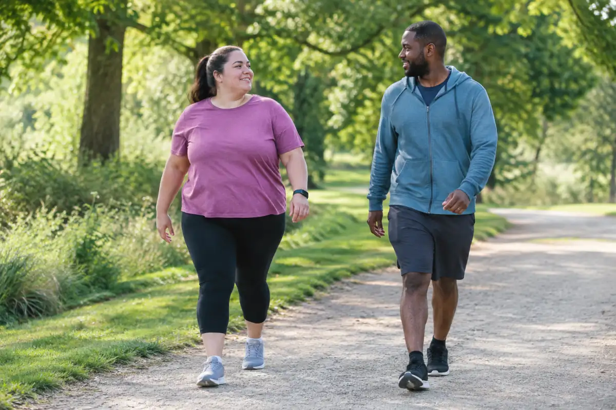 Reprise de la marche à allure douce sur un chemin plat, une activité accessible à adapter en cas de surpoids ou d’obésité.