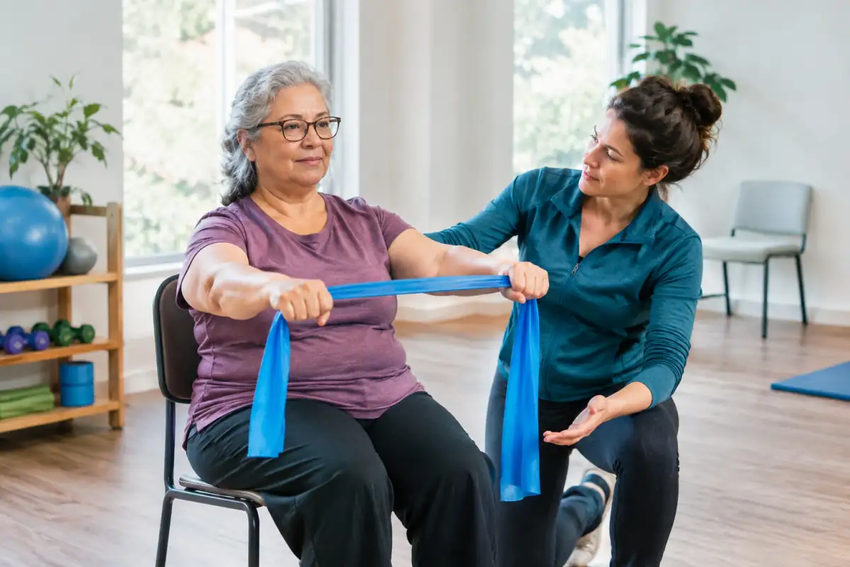 Séance d’activité physique adaptée avec exercices doux et accompagnement individualisé dans une salle accessible.