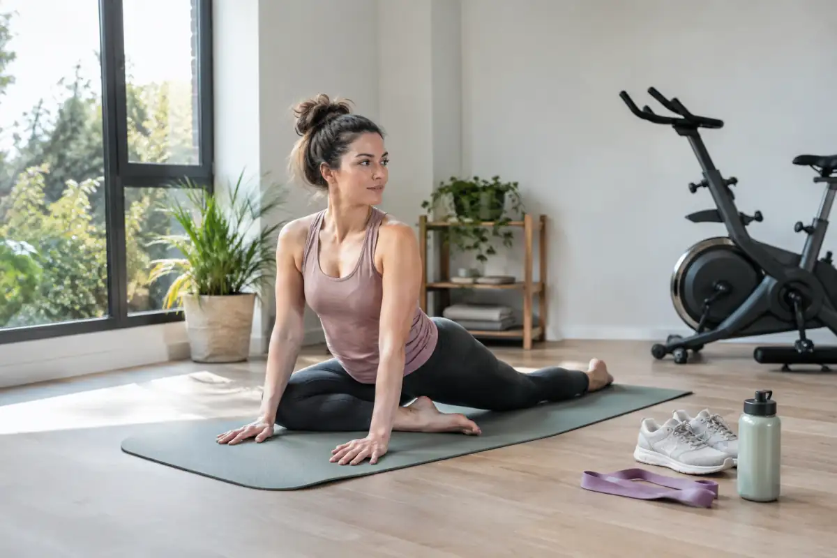 Matériel de sport dans un studio lumineux pour illustrer une pratique adaptée et la protection du périnée pendant l’effort.