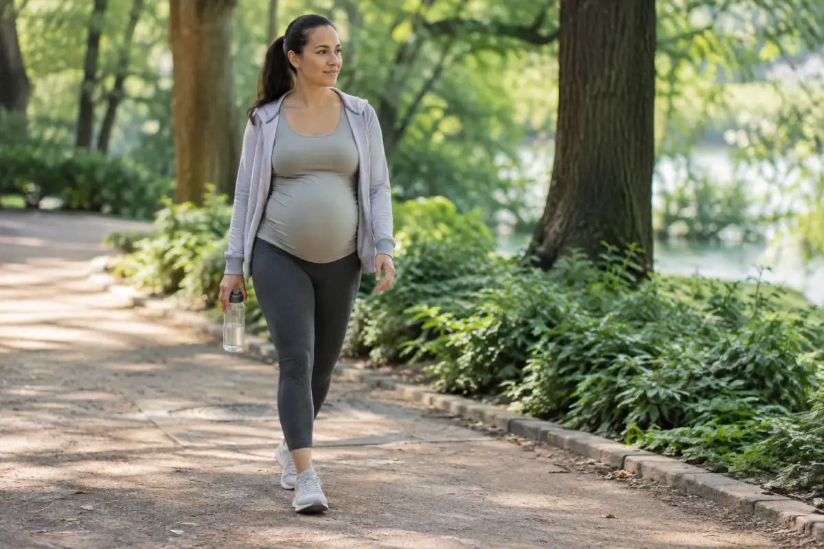 Femme enceinte marchant à allure modérée sur un chemin plat, une activité douce souvent adaptée pendant la grossesse.