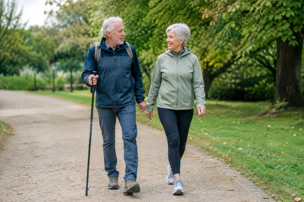 Deux seniors marchent à un rythme modéré sur un chemin plat, dans un parc lumineux et accessible.