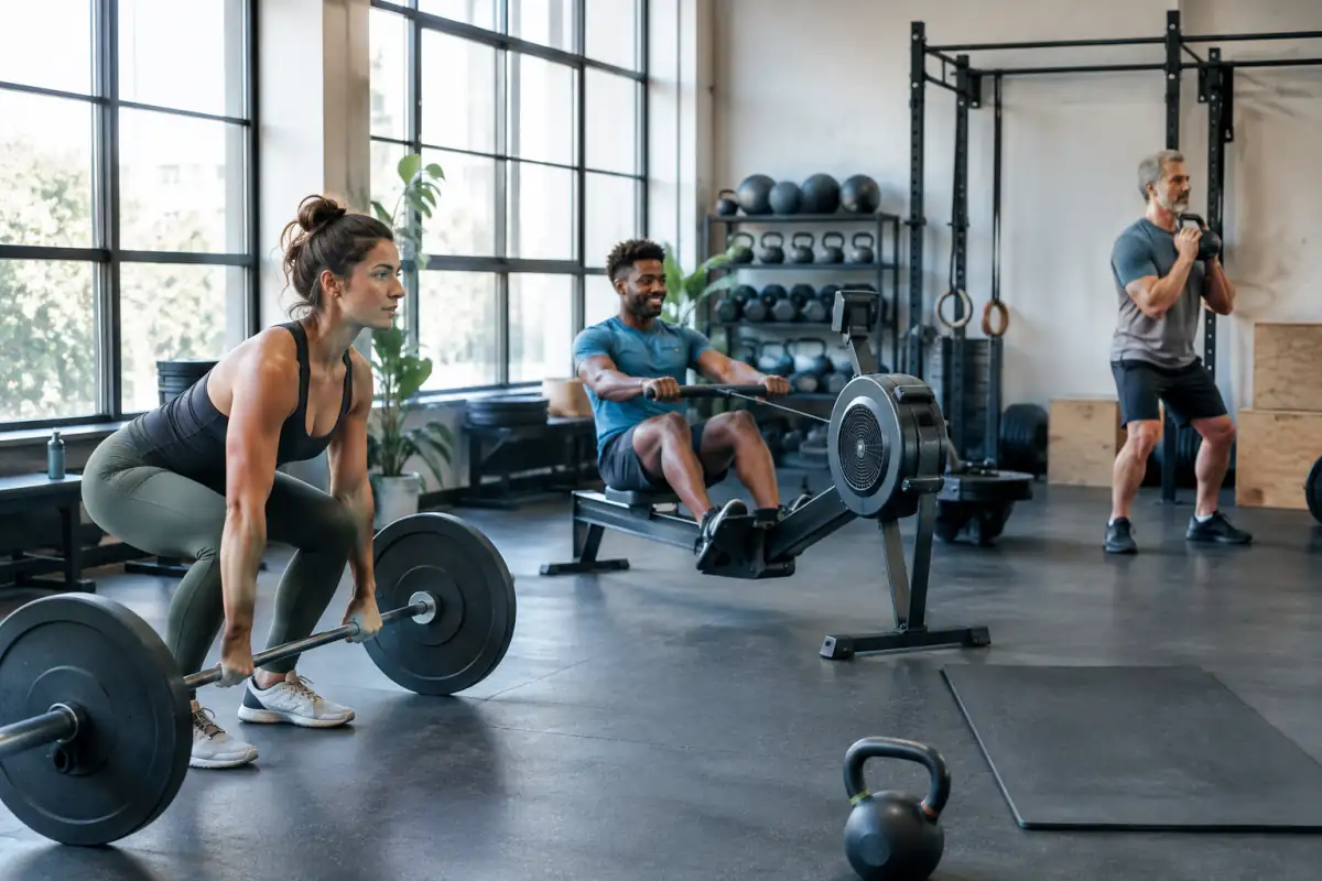 Matériel de musculation et de fitness dans une salle : barre, kettlebell, rameur et espace de renforcement au sol.