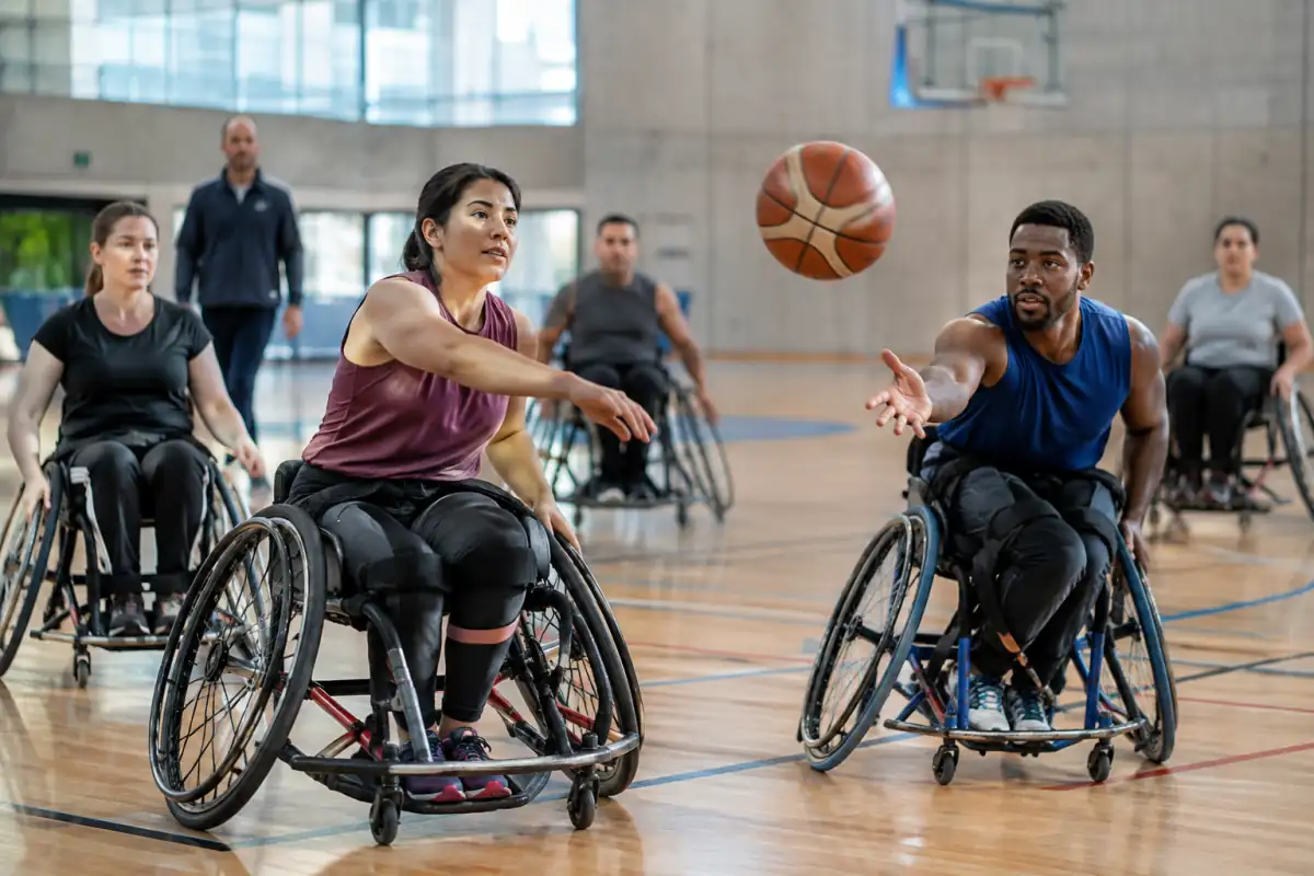 Séance de basket fauteuil en salle : des sportifs en fauteuils adaptés jouent le ballon sur un terrain accessible.
