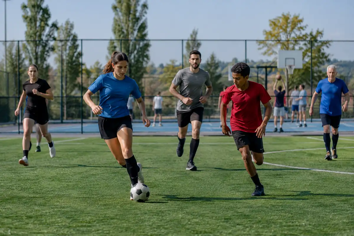 Joueurs amateurs en action sur un terrain de football, avec un terrain de basketball visible dans un complexe sportif.