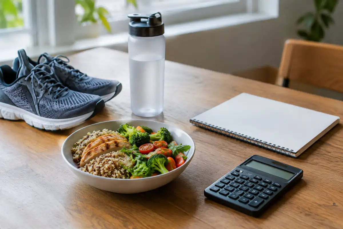 Repas équilibré, chaussures de sport et calculatrice sur une table, pour illustrer l’estimation des besoins caloriques d’un sportif.