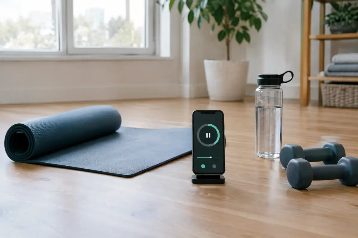 Téléphone posé près d’un tapis et d’haltères dans un espace d’entraînement pour une séance d’intervalles HIIT.