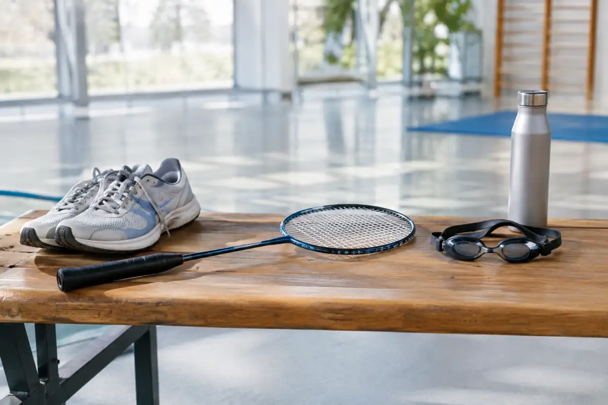 Chaussures de course, raquette de badminton et lunettes de natation réunies pour illustrer le choix d’un sport adapté à ses envies.