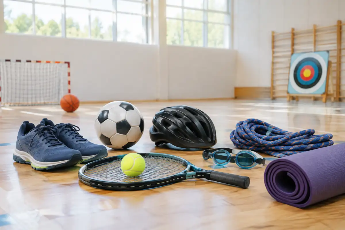 Équipements de sports variés dans un gymnase lumineux : ballon, raquette, chaussures de course, casque de vélo et tapis.