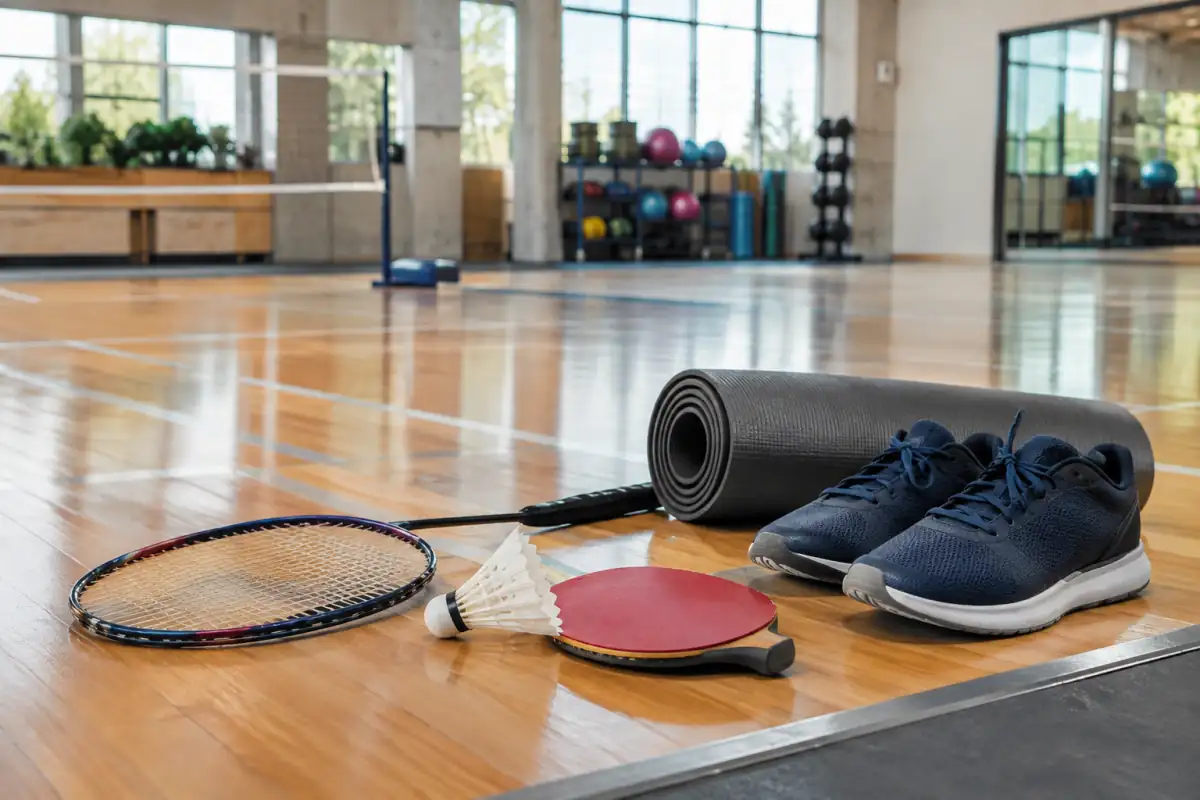 Équipements de badminton, de tennis de table et de yoga réunis dans une salle de sport lumineuse