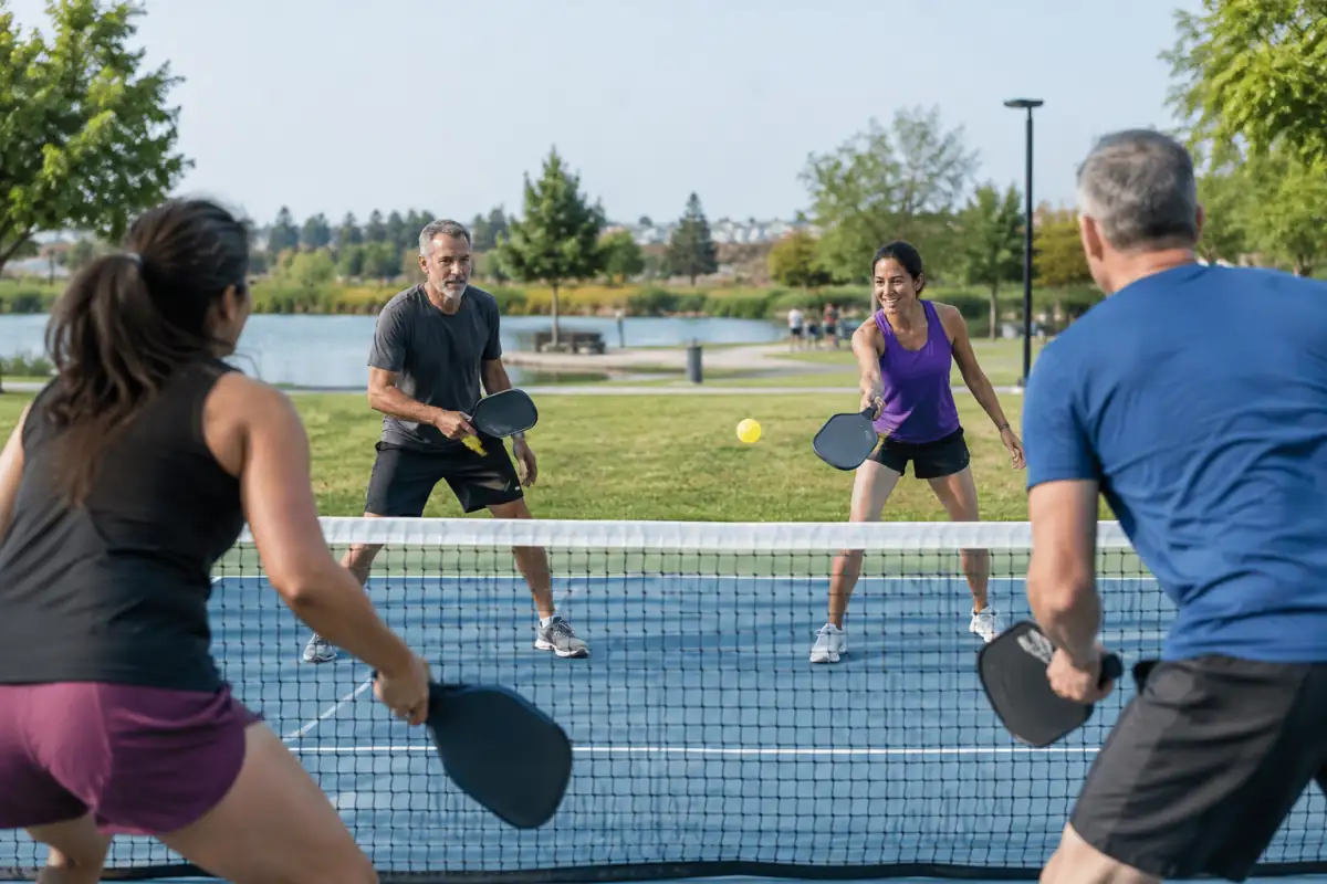Des adultes jouent au pickleball sur un terrain extérieur, illustration de sports tendance accessibles et conviviaux.