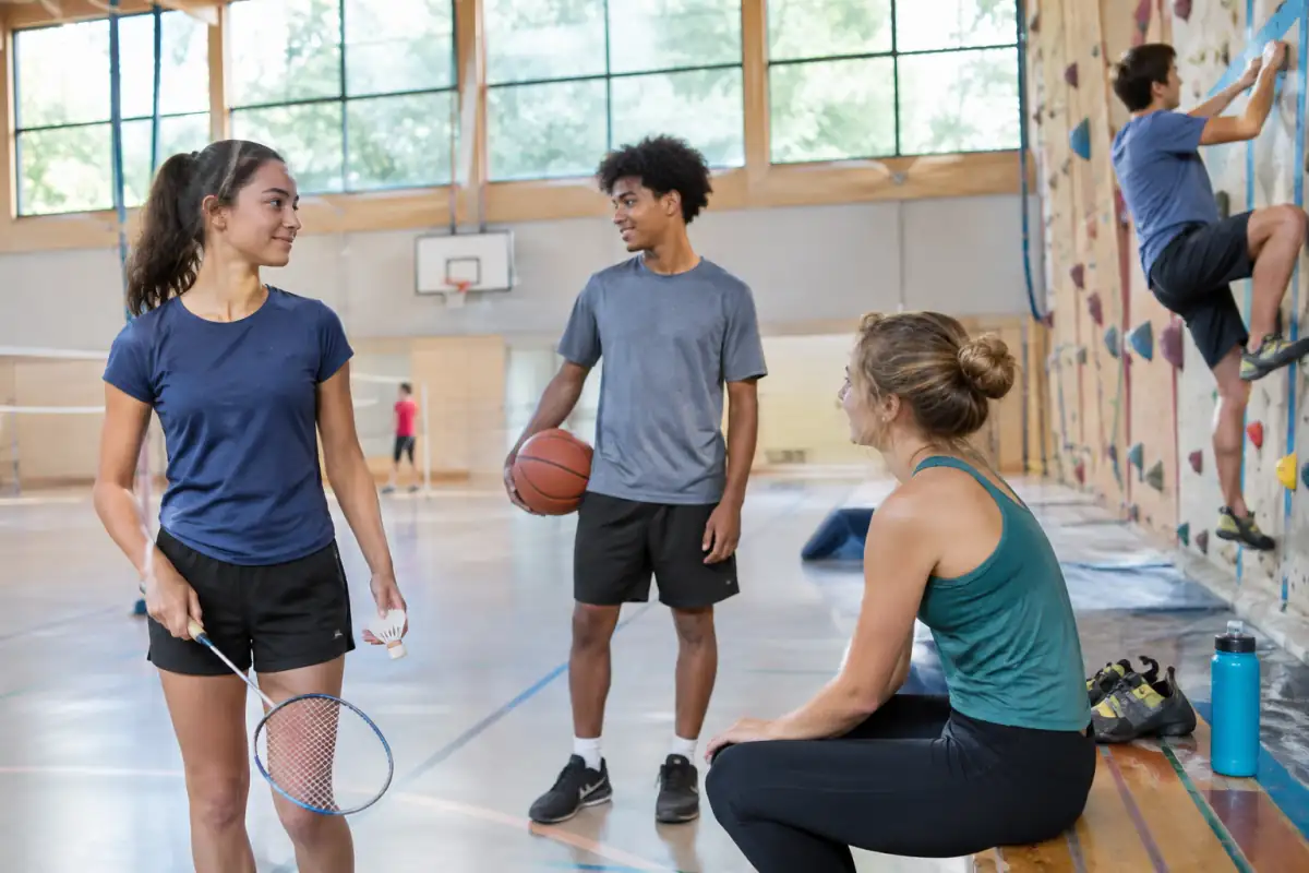 Adolescents découvrant plusieurs activités sportives dans une salle, avec raquette de badminton, ballon de basket et matériel d’escalade.