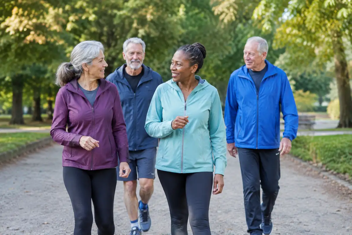 Un groupe de seniors marche à allure modérée sur un chemin de parc, une activité facile à adapter à son rythme.