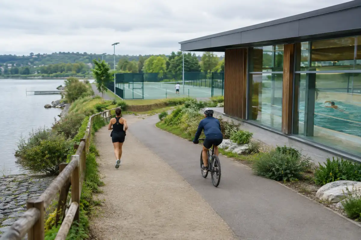 Parcours de course et de vélo près d’un lac, avec une piscine et un court de tennis en arrière-plan.
