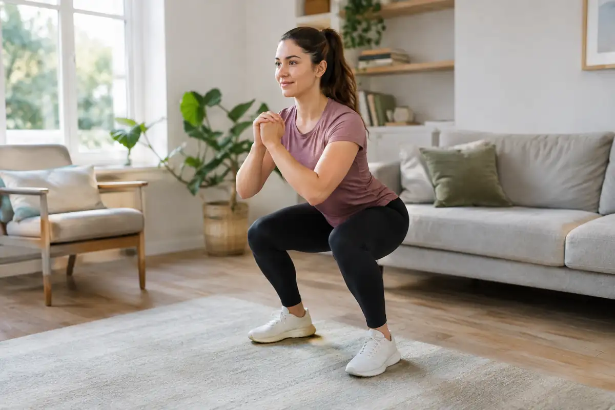 Séance de renforcement au poids du corps dans un salon dégagé, avec une personne réalisant un squat près d’une fenêtre.