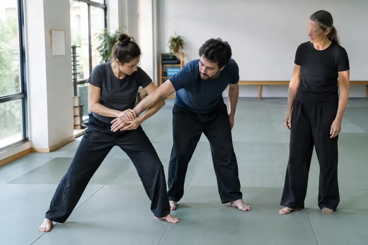 Deux adultes répètent un dégagement contrôlé lors d’un cours de self-défense, sous la supervision d’un enseignant.