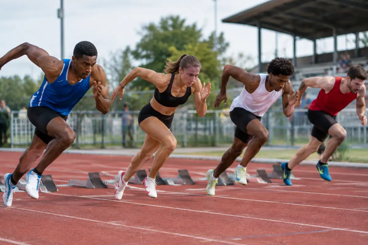 Sprinteurs lancés depuis les starting-blocks dans leurs couloirs lors d’une course de 100 mètres sur piste extérieure.