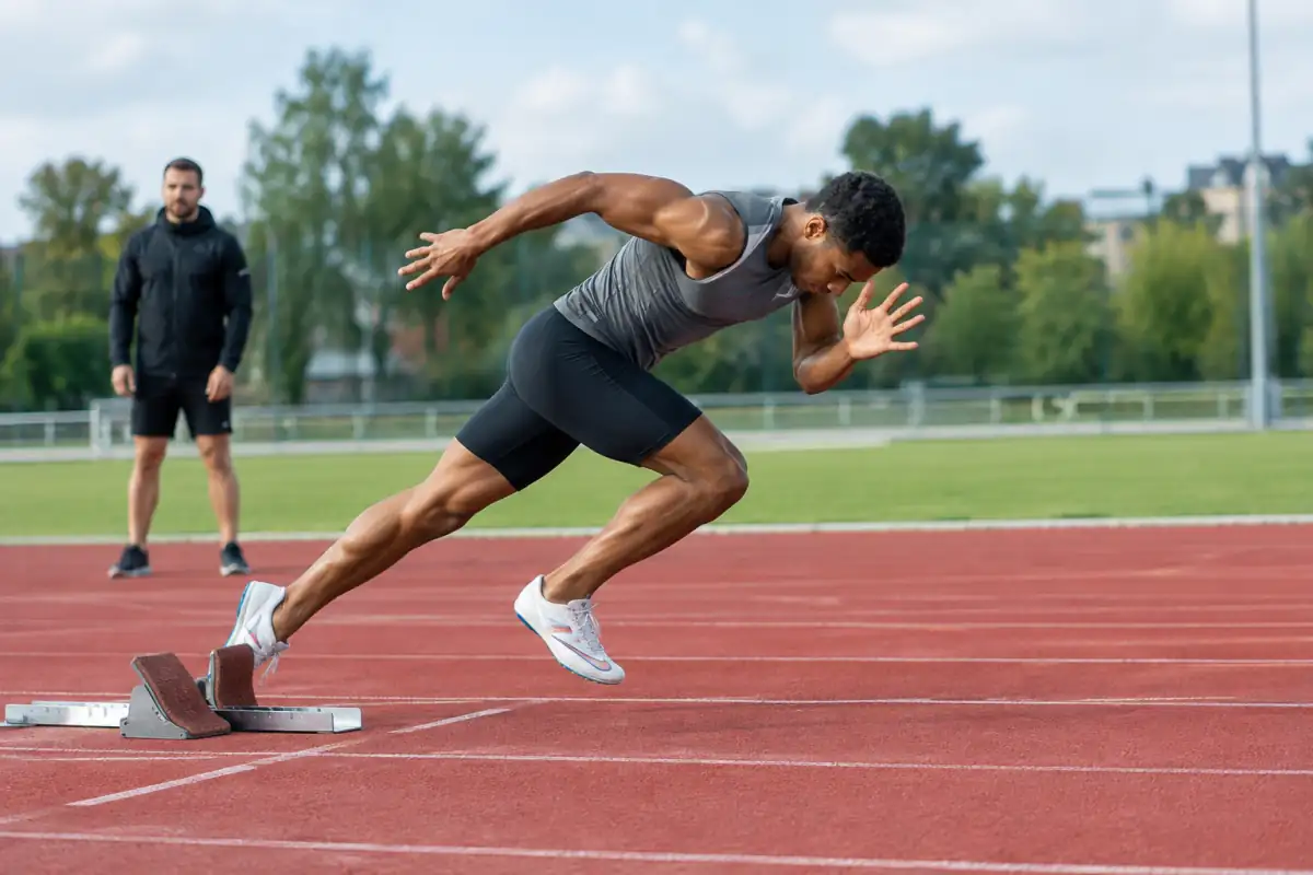 Sprinteur quittant les starting-blocks et inclinant le corps vers l’avant lors des premiers appuis d’un 100 mètres.