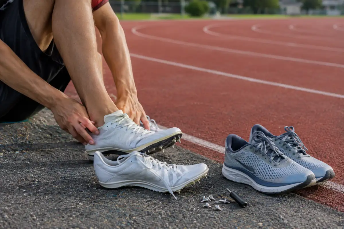 Pointes d’athlétisme et chaussures d’entraînement au bord d’une piste synthétique, avec les clous démontables visibles.