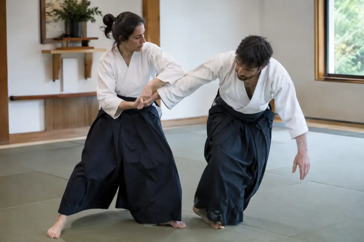 Deux pratiquants en keikogi travaillent une clé de poignet et un contrôle debout sur tatami lors d’un cours d’aïkijutsu.