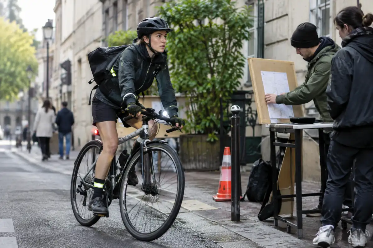 Un cycliste casqué en alleycat rejoint un point de contrôle sur une rue urbaine, avec éclairages et vêtements visibles.