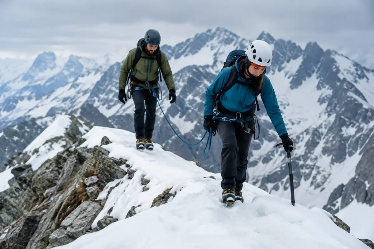 Alpinisme sur une arête enneigée des Alpes : une cordée progresse avec crampons, piolets et corde.