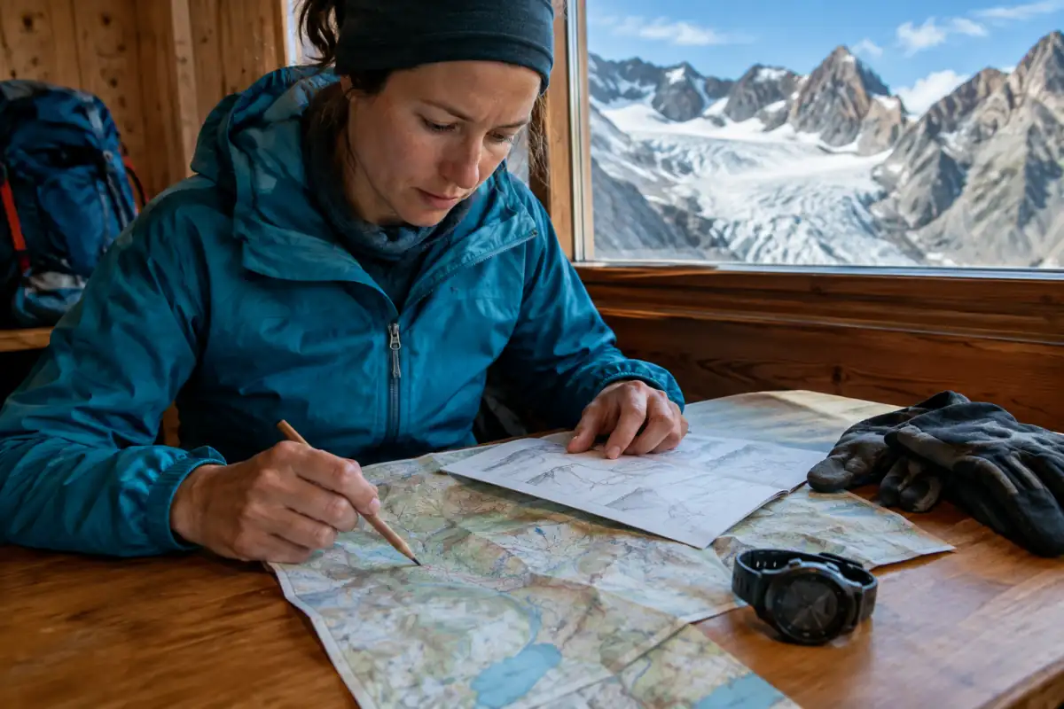 Alpiniste comparant un topo et une carte au refuge pour évaluer les difficultés et l’engagement d’une course.