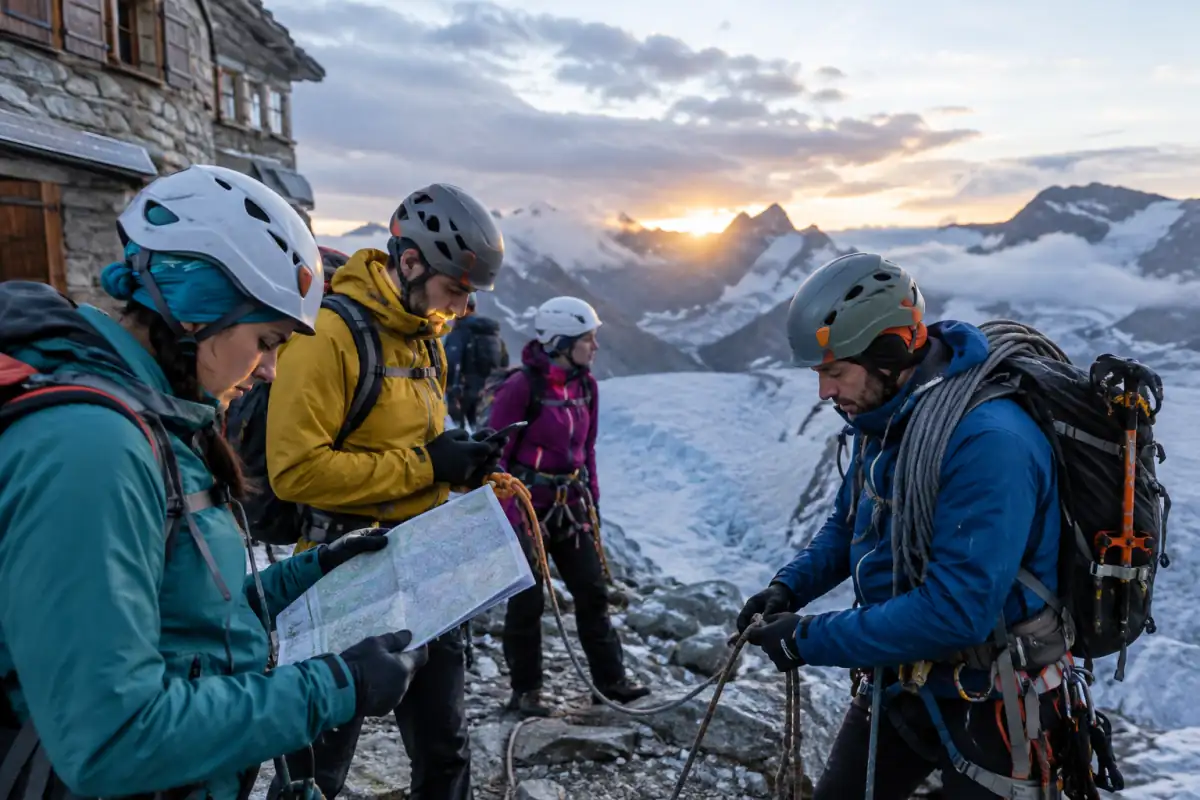Une cordée vérifie son itinéraire et son encordement devant un refuge avant de s’engager sur un terrain glaciaire.
