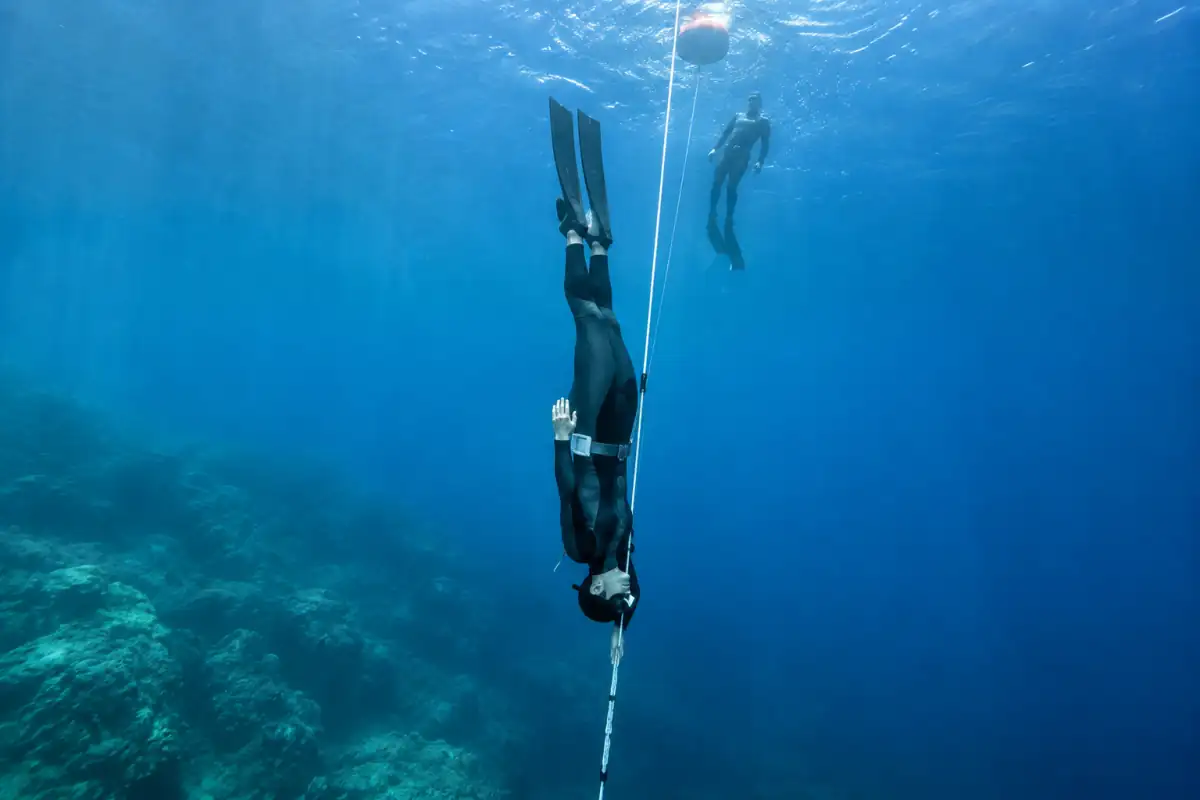 Une apnéiste en poids constant descend le long d’une ligne verticale en mer, équipée d’une combinaison et de longues palmes.