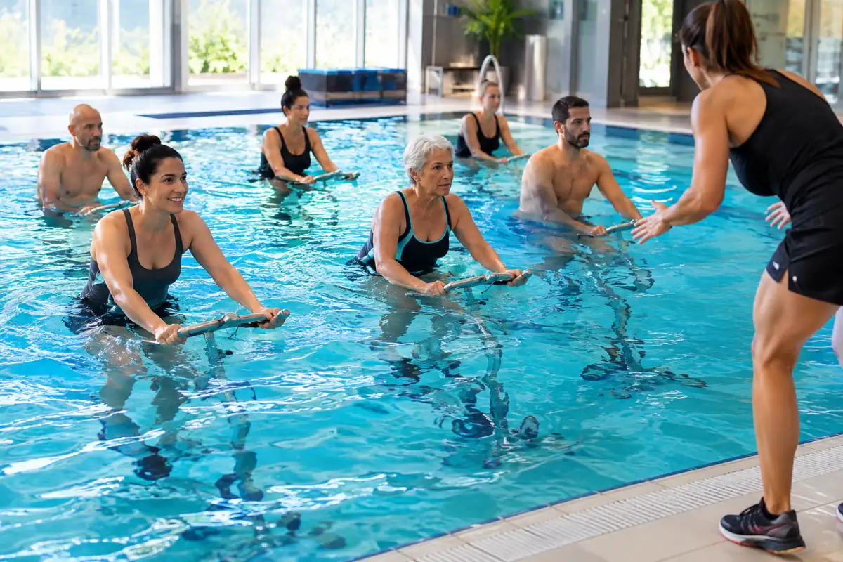 Cours d’aquabike en piscine : des pratiquants pédalent sur des vélos immergés, guidés par une coach au bord du bassin.