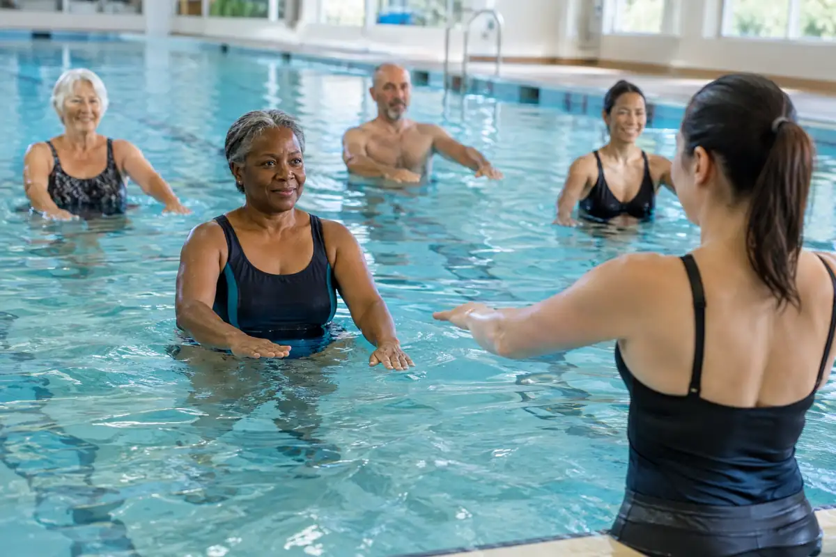 Débutant en aquagym dans une zone peu profonde, près du bord, pendant que le professeur montre un mouvement lent.