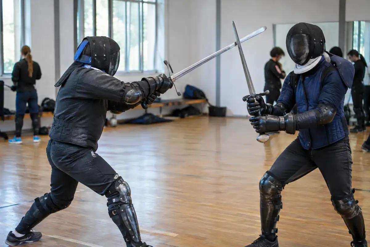 Deux pratiquants de HEMA en tenue de protection travaillent un assaut contrôlé à l’épée longue dans une salle de club.