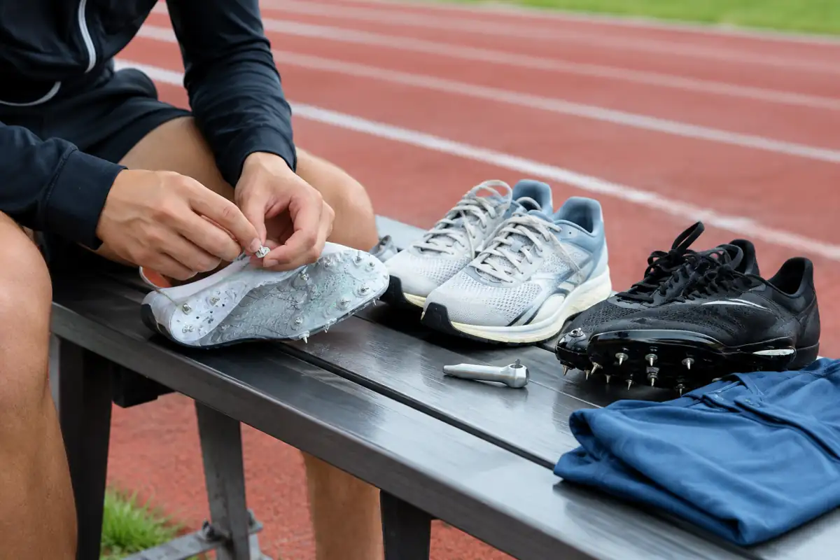 Un débutant vérifie les pointes vissées de ses chaussures au bord d’une piste, avec ses chaussures d’entraînement à côté.