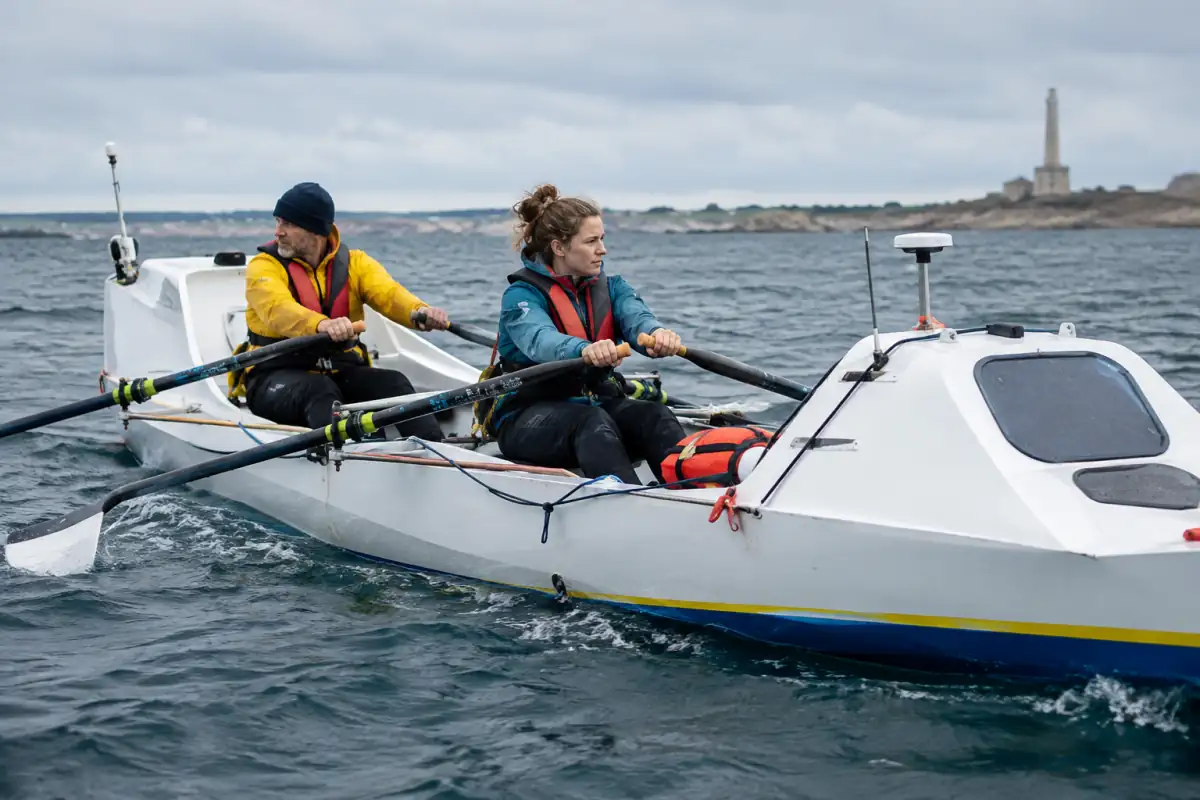 Deux rameurs en gilet de sécurité font avancer un bateau conçu pour l’aviron océanique sur une mer agitée.