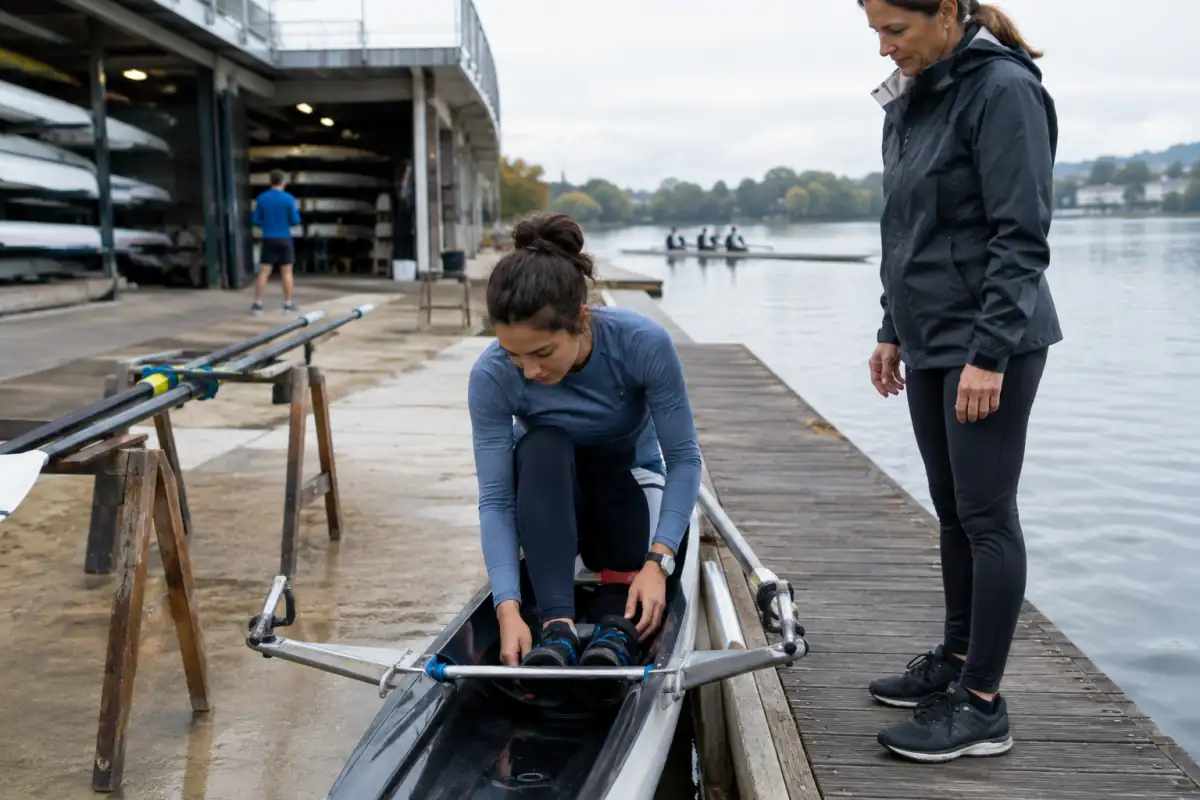 Un débutant vérifie le cale-pieds d’un bateau d’aviron prêté par son club, avec des rames posées à proximité.