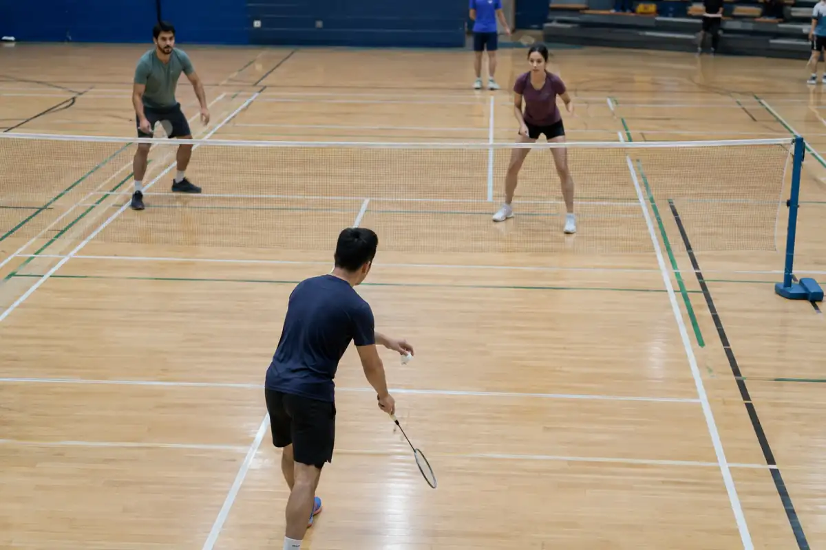 Service en double au badminton : les joueurs se placent en diagonale dans les zones délimitées par les lignes du terrain.