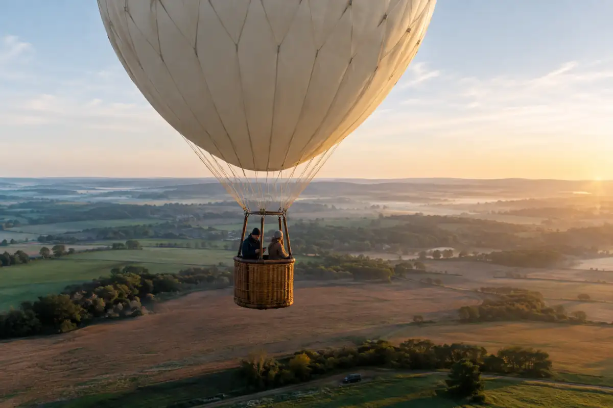Ballon à gaz en vol au-dessus de la campagne française, avec deux pilotes dans une nacelle suspendue sous l’enveloppe.