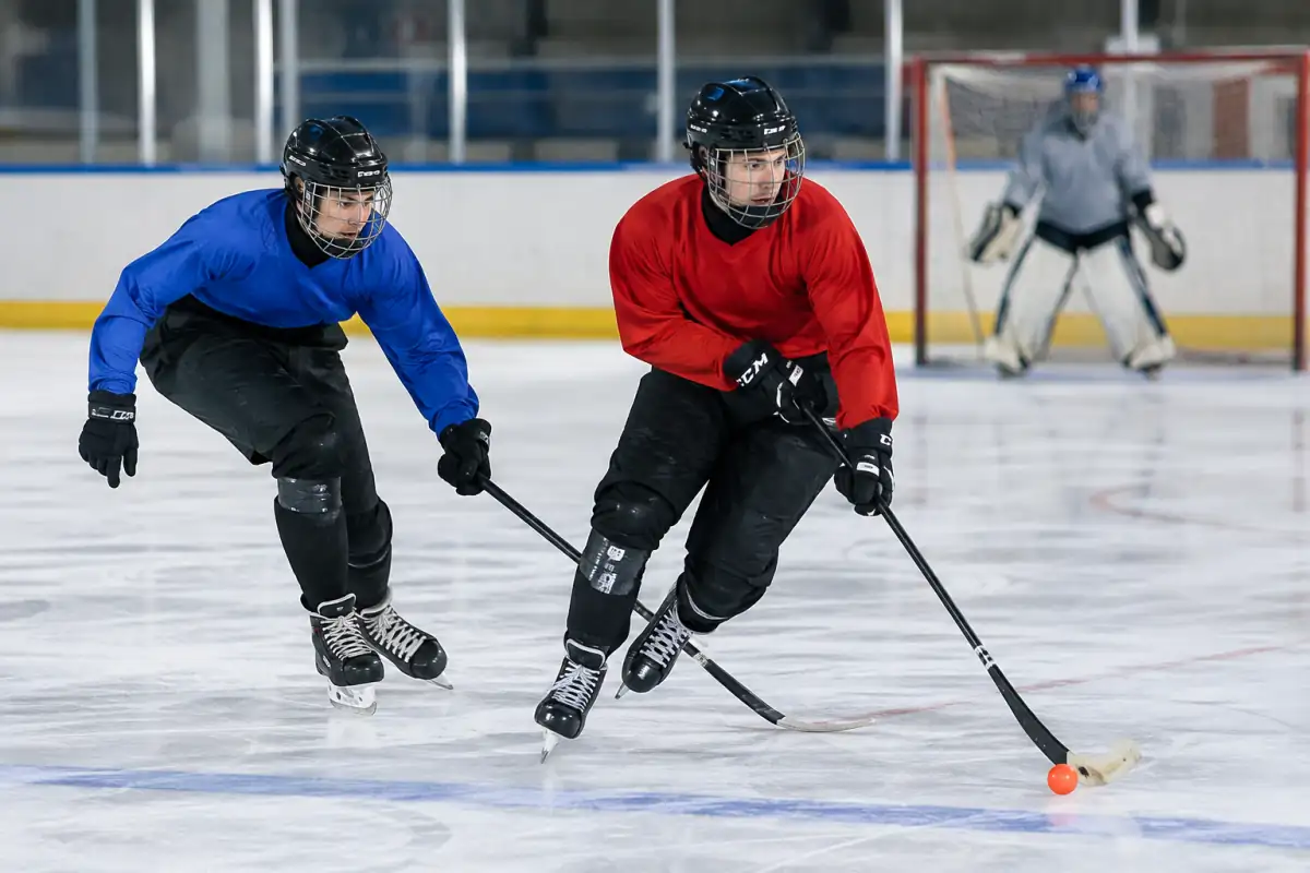 Deux joueurs en patins disputent une balle orange avec leur crosse lors d’un match de bandy en salle sur une patinoire.