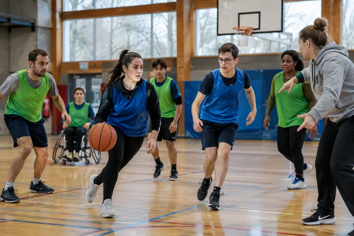 Un joueur dribble pendant une séance de basket-ball adapté en salle, tandis que ses partenaires se placent pour recevoir le ballon.