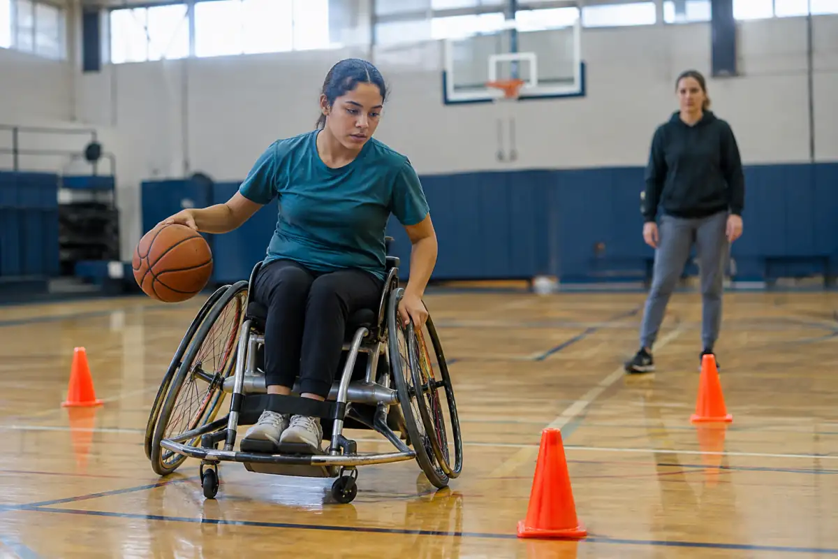 Joueur débutant en fauteuil de basket qui dribble entre des plots espacés sous le regard d’un entraîneur dans un gymnase.