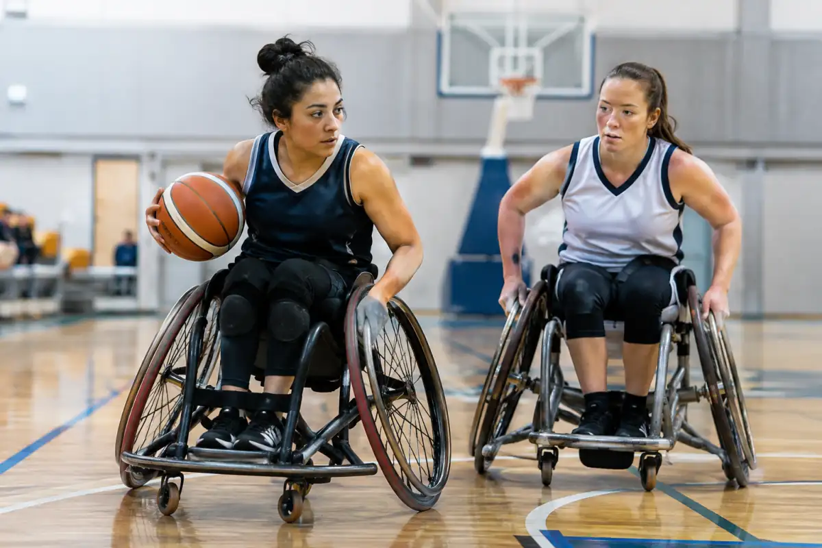 Un joueur de basket fauteuil contrôle le ballon et propulse son fauteuil tandis qu’un adversaire défend à proximité.