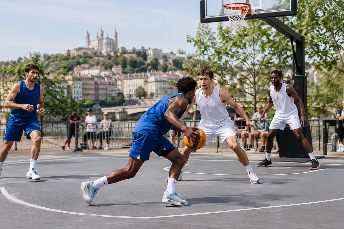 Action de basketball 3x3 sur demi-terrain : un joueur attaque le panier tandis qu’un défenseur se place devant lui.