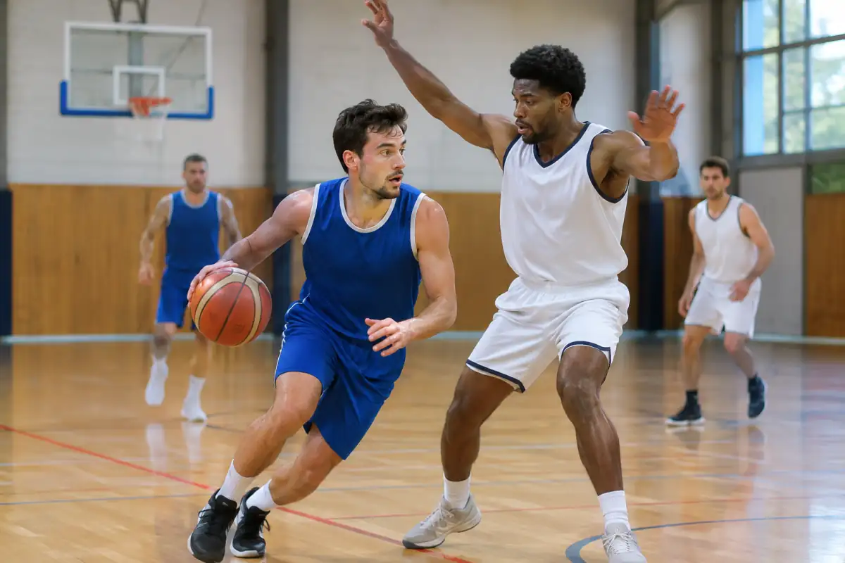 Action de basketball en salle : une joueuse en tenue de club dribble vers le panier sur un parquet, défendue par une adversaire.