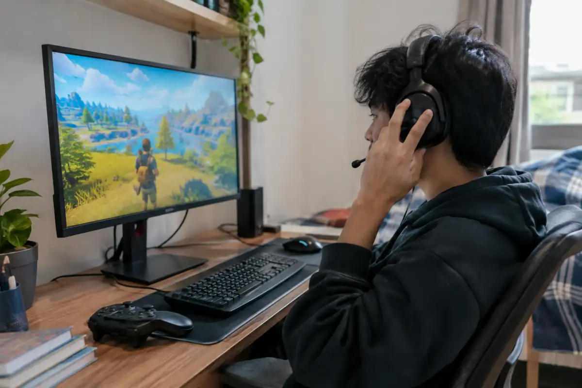 Joueur débutant réglant un écran et un casque-micro avant une session de battle royale sur une installation de bureau.