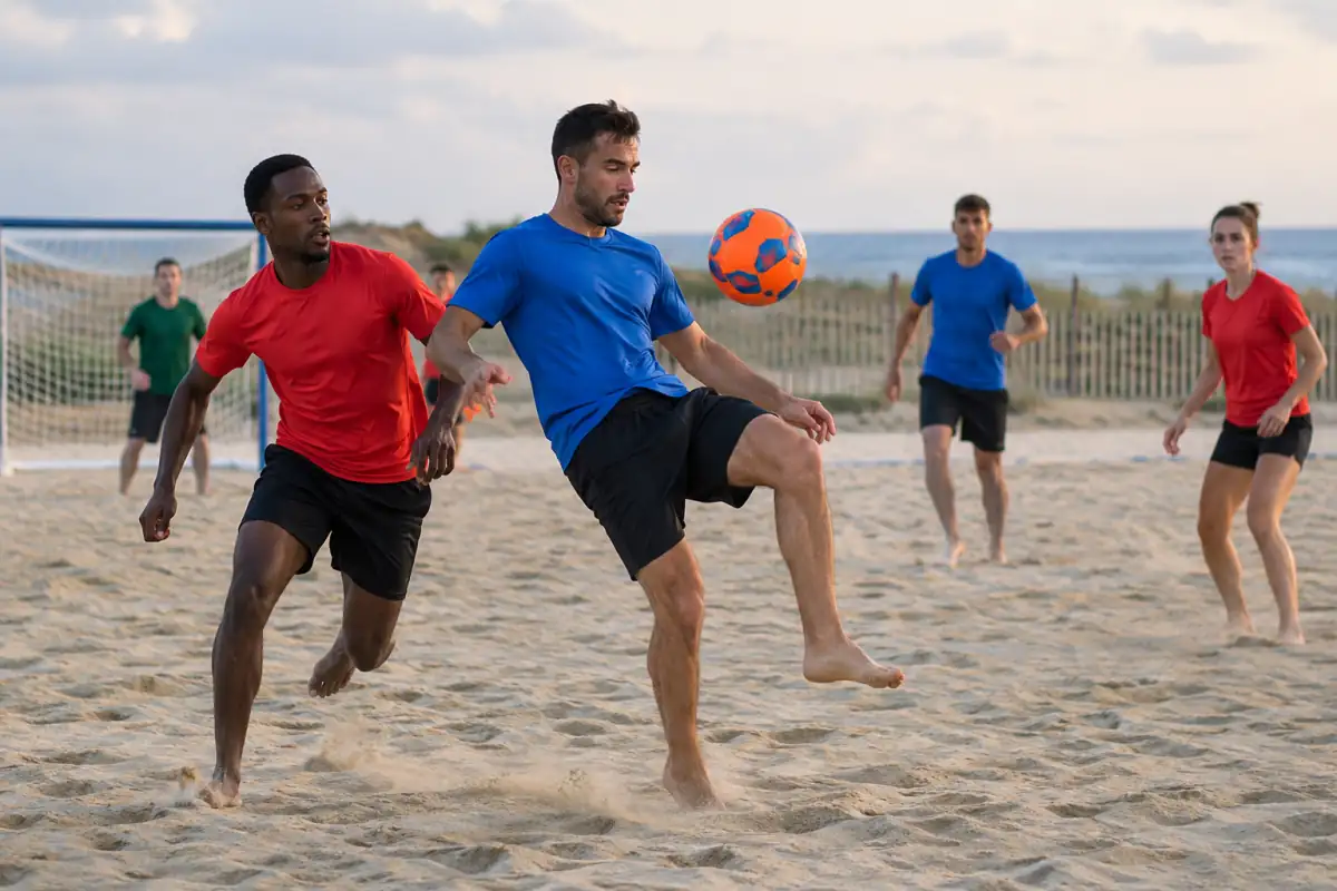 Beach soccer : des joueurs pieds nus disputent le ballon sur un terrain de sable lors d’un match à cinq contre cinq.