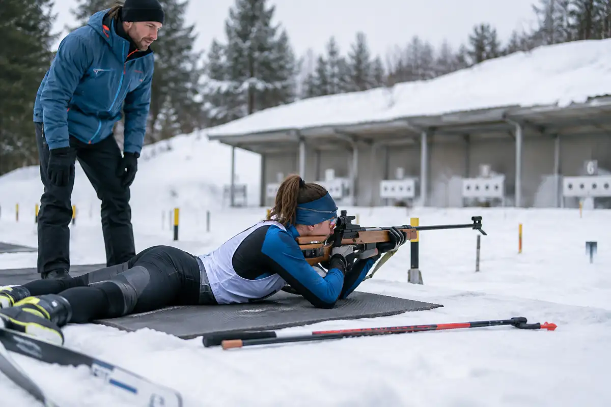 Biathlète en position couchée après le ski, carabine alignée vers les cibles sous l’observation d’un encadrant.