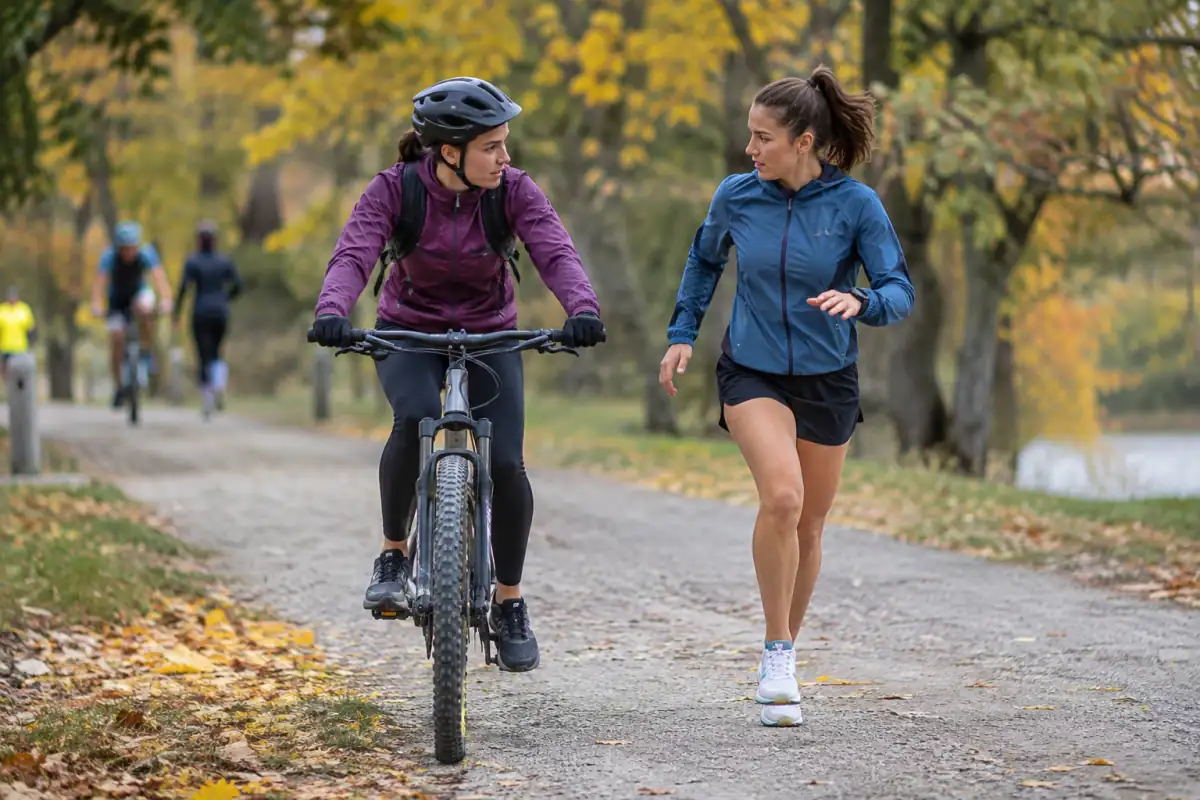 Deux équipiers en bike and run alternent course à pied et vélo sur un chemin balisé, l’un pédalant tandis que l’autre court.