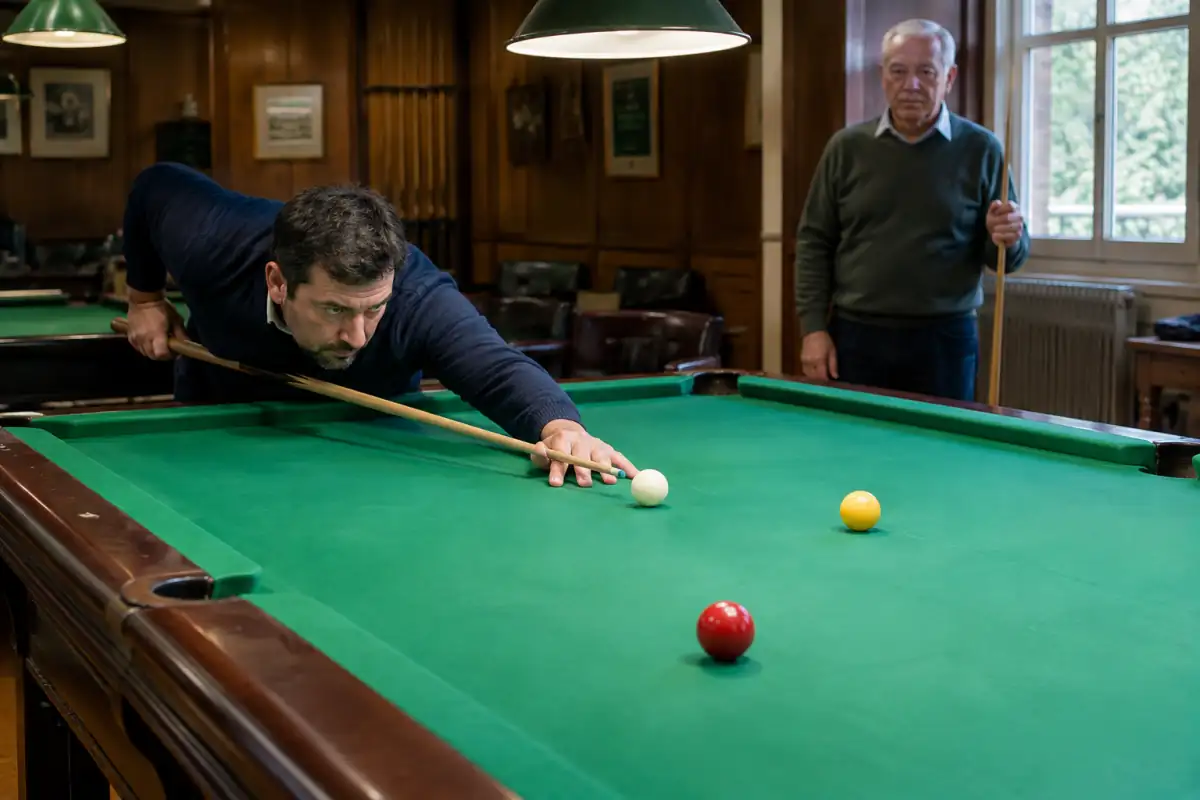Un joueur vise la bille blanche sur une table à poches avec trois billes lors d’une partie de billard anglais.