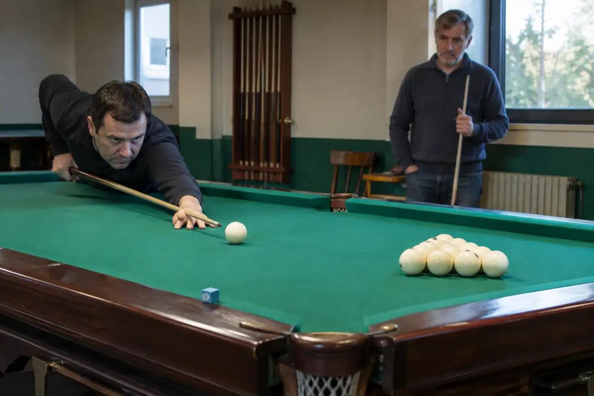 Un joueur vise une bille sur une grande table à poches étroites lors d’une partie de billard russe en salle.