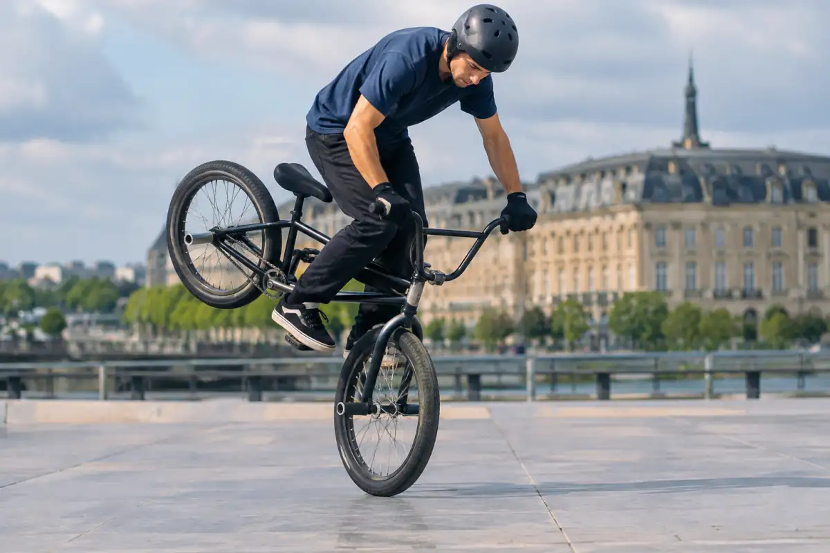 Un pilote de BMX flatland maintient son vélo en équilibre sur la roue avant, pieds sur les pegs, sur un sol lisse.